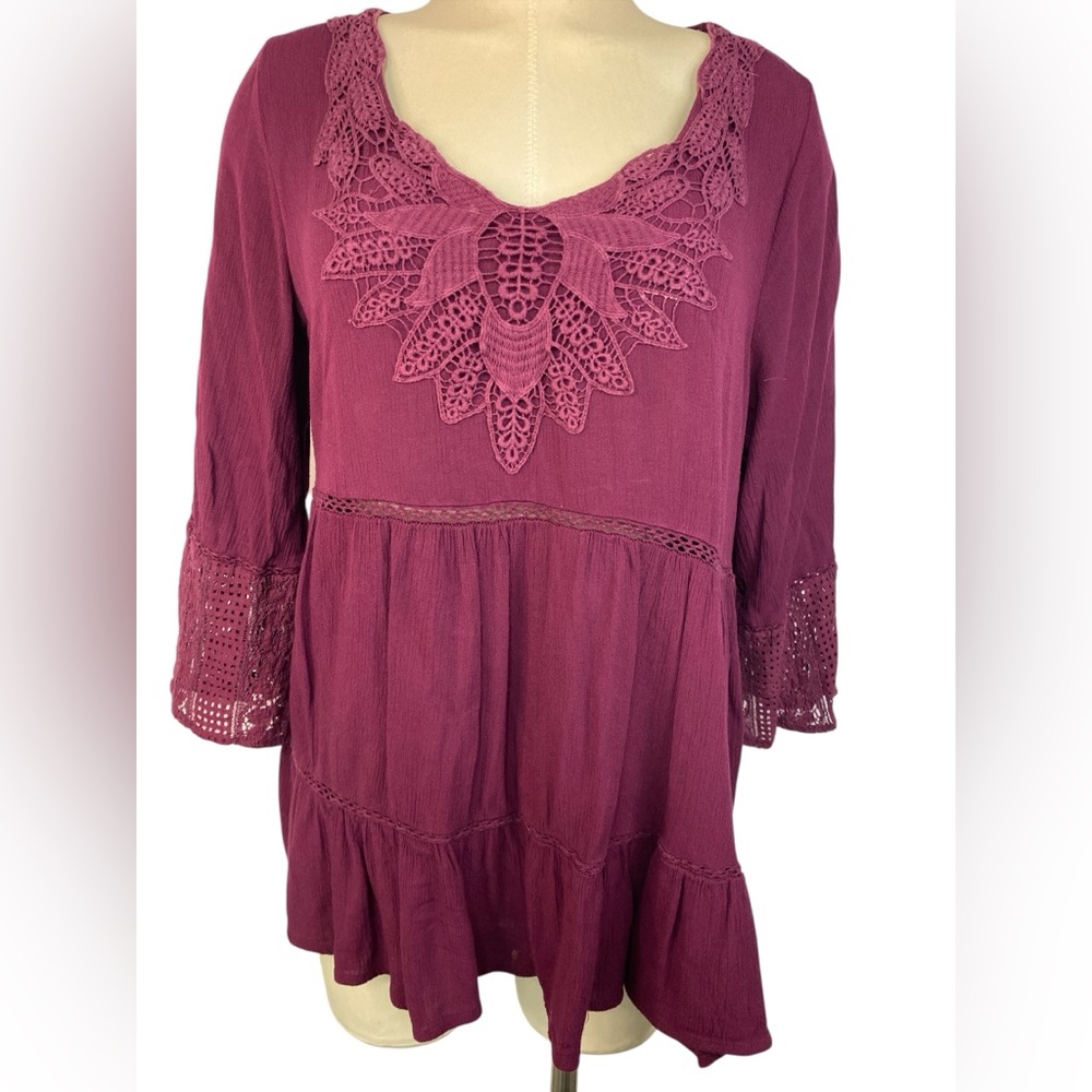 Knox Rose Elegant Lace-Trimmed Burgundy Top Women’s Large